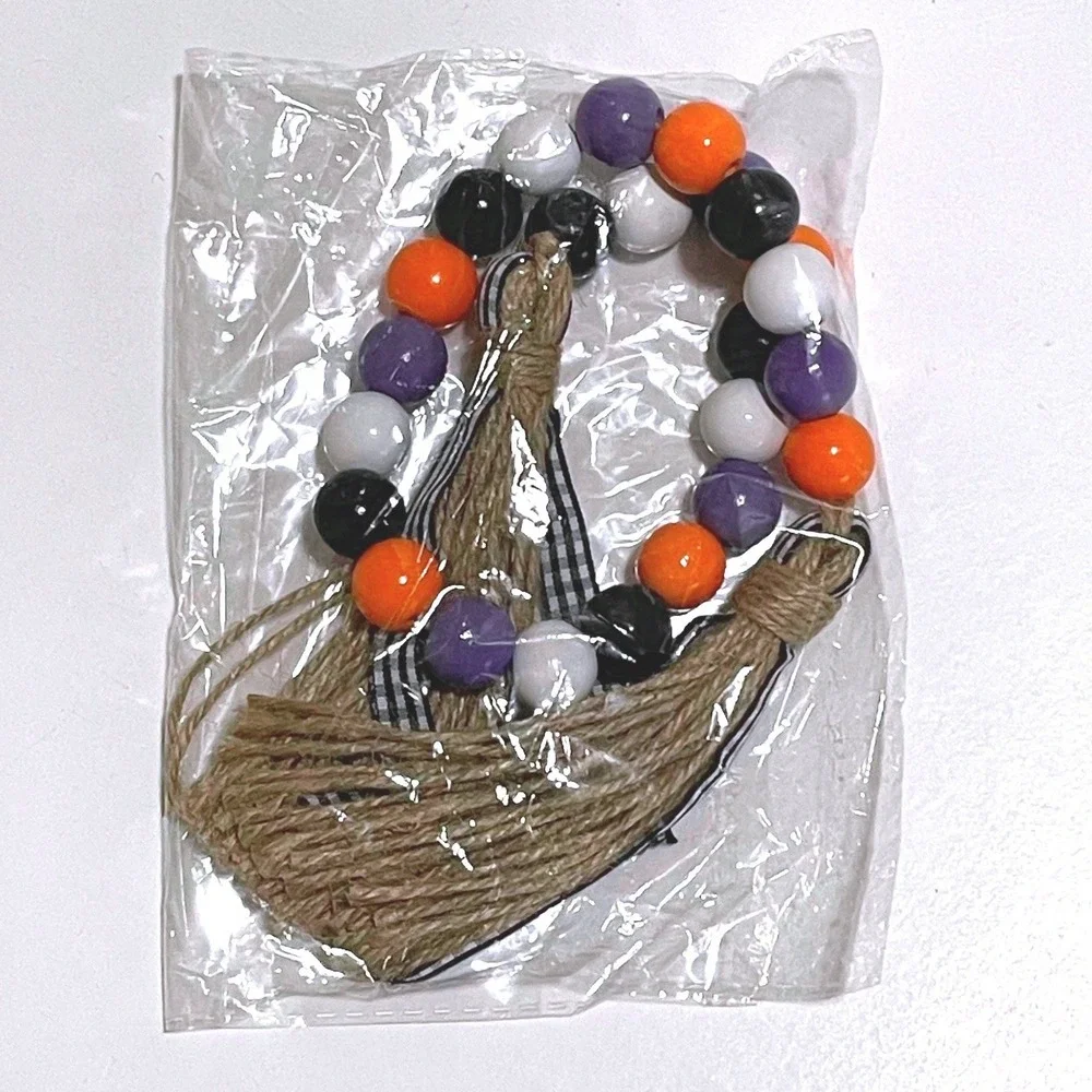Wood Bead Garland Orange Purple Black White‎ Jute Tassel Gingham Decor